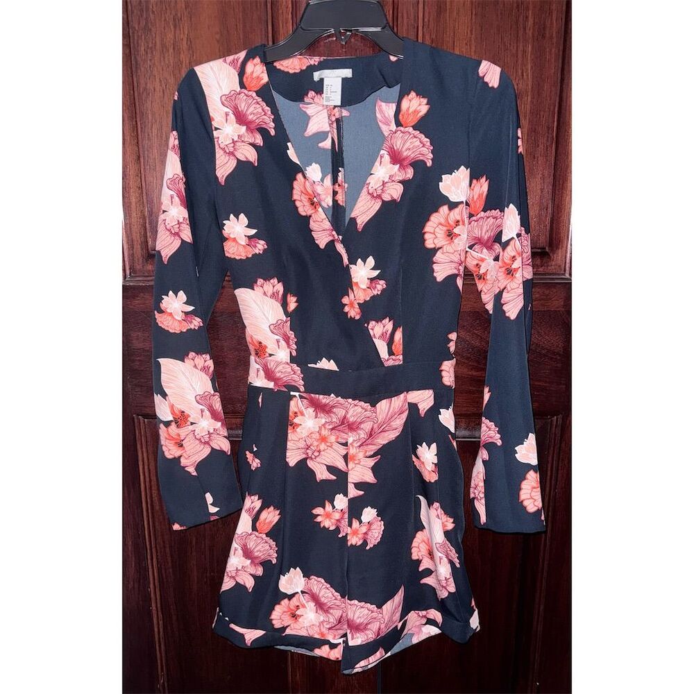 H&M Women's Floral Long Sleeve Romper Size 4 Navy Blue Boho Party New